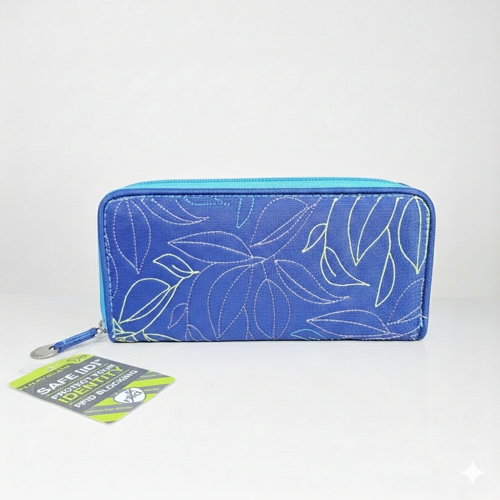 Travelon 8x4" RFID Continental Wallet Indigo Blue Floral Leaf Embroidered NEW